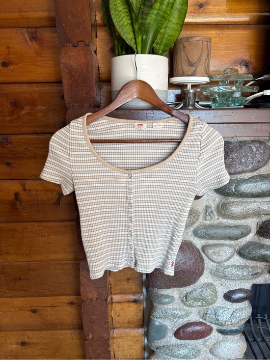 Levi's Tops - Levi’s Ribbed Snap Front Baby Tee Beige/Light Blue Stripe Size Small 90s inspo